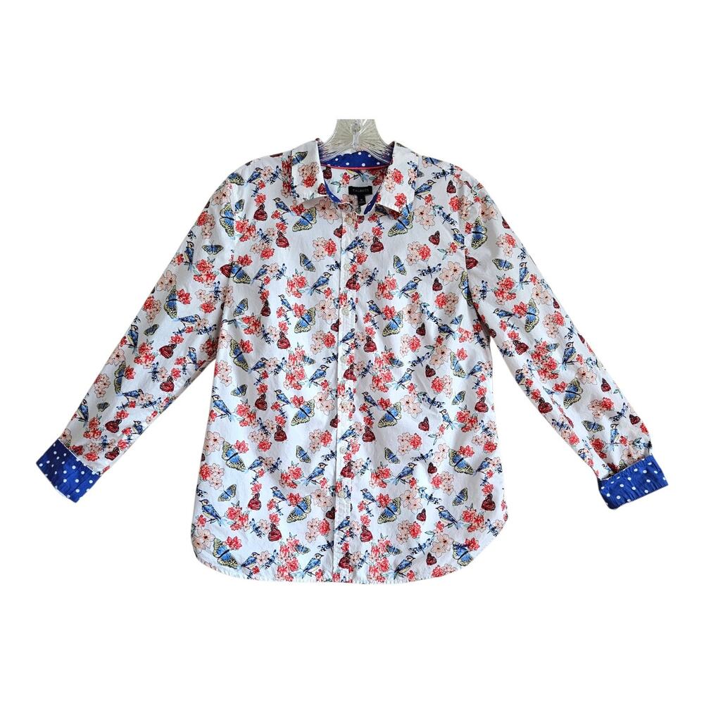 TALBOTS Women 10 Blouse Button Up Butterflies Birds Contrast Polka Dot Cuffs 38"